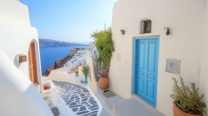 Fototapeta premium Oia village, Santorini, Greece. Traditional houses on Santorini Island. Narrow streets and rooftops, churches and hotels. Sunset view.