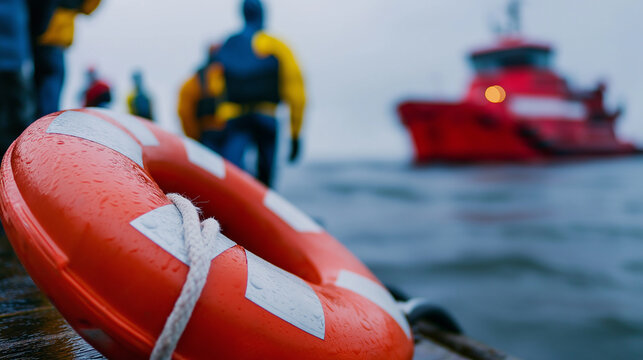 A lifebuoy secured on a boat with a rescue vessel navigating stormy seas in the background under dramatic skies.
 - Powered by Adobe