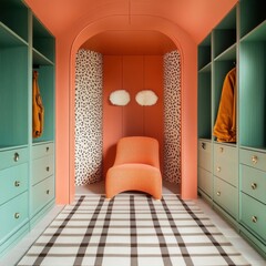 Stylish Modern Interior with Coral and Mint Colors, Cozy Seating, Textured Walls, Elegant Cabinetry, and Unique Accessories in a Chic Entryway Design