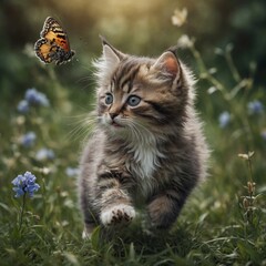 Obraz premium A fluffy kitten chasing a butterfly.