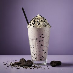A cookies-and-cream milkshake with Oreo crumbles on top, set against a light lavender background.
