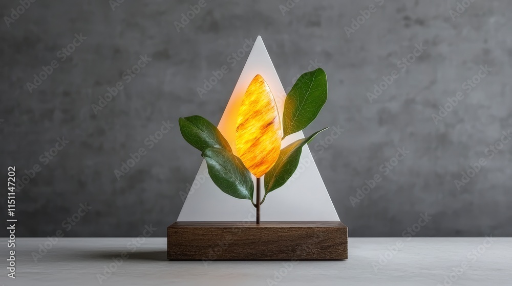 Poster illuminated triangular display stand with glowing leaf