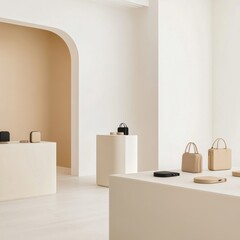 Modern minimalist interior design showcasing elegant display stands with stylish handbags, warm color palette, and soft lighting for a contemporary retail space