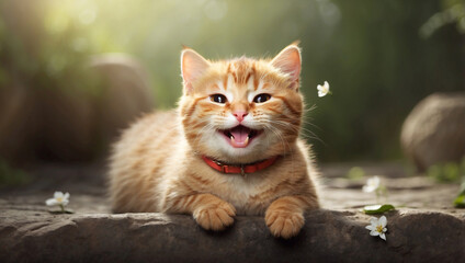 Fototapeta premium A Happy and Cute Cat Laughing Joyfully, Bringing Smiles and Happiness