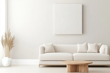 Modern and Minimalist Living Room Design Featuring a Cozy Sofa and Elegant Art on a Light Wall with Natural Textures and Soft Furnishings