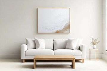 Modern minimalist living room featuring a cozy white sofa with soft cushions, a decorative coffee table, and a serene abstract art piece on the wall.