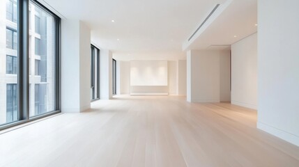Fototapeta premium Modern and Spacious Empty Room with Large Windows and Bright Light Ideal for Interior Design, Minimalist Living, or Creative Space in Urban Apartment Setting