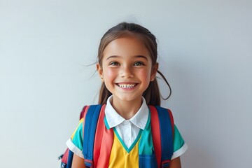 A child goes to school happily, isolated on plain white background