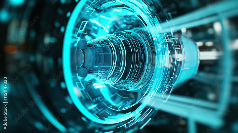Poster futuristic glowing teal mechanical structure with intricate circular layers and high-tech design det