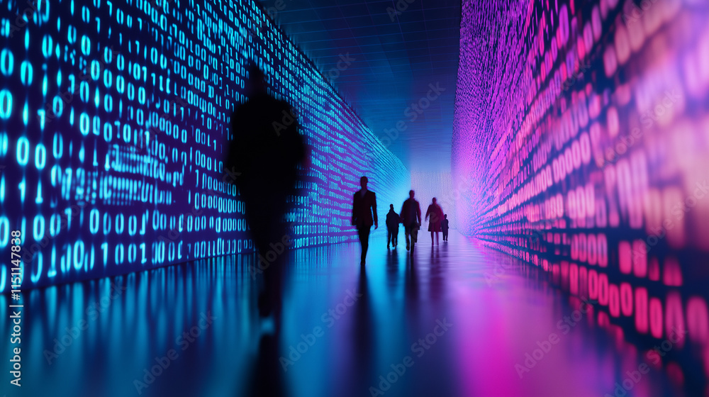 Poster silhouetted figures walking through a vibrant tunnel of digital binary code in glowing blue and pink