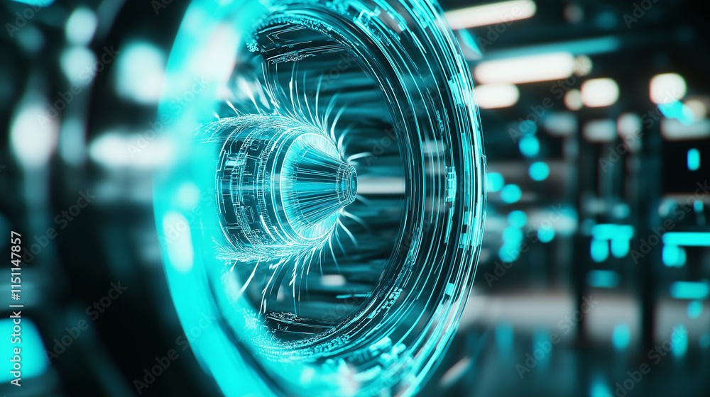 Poster futuristic glowing teal mechanical structure with intricate circular layers and high-tech design det