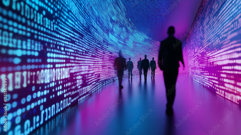 Poster silhouetted figures walking through a vibrant tunnel of digital binary code in glowing blue and pink