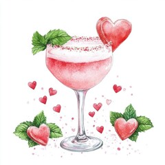 watercolor style, pink valentines two cocktails, clipart, isolated on white background