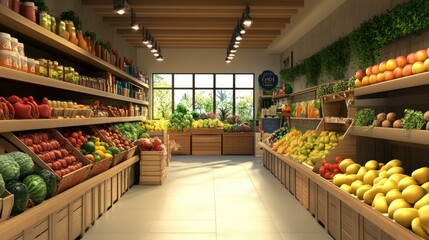 Fototapeta premium Bright and Inviting Grocery Store Interior Featuring Fresh Fruits, Vegetables, and Healthful Products on Neatly Organized Shelves with Natural Lighting and Vibrant Colors