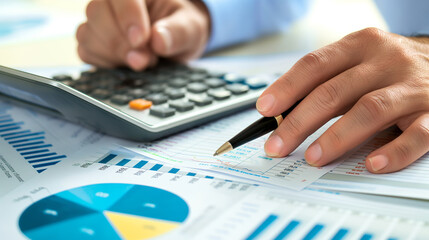 Businessperson analyzing financial data with calculator and charts