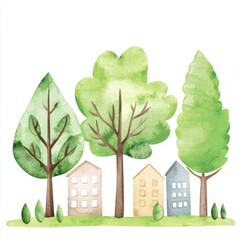 Watercolor landscape of cozy houses surrounded by lush trees in nature serene outdoor environment, isolated on white background
