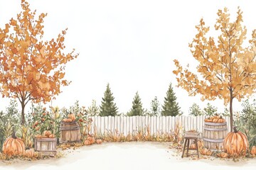 Autumn harvest scene watercolor art cozy farm setting fall colors nature serene atmosphere, isolated on white background