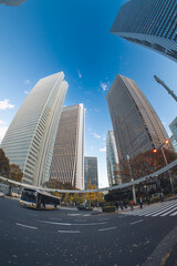 【魚眼】2024年　秋　大都会高層ビルと街並みの夕方　摩天楼の風景【紅葉】