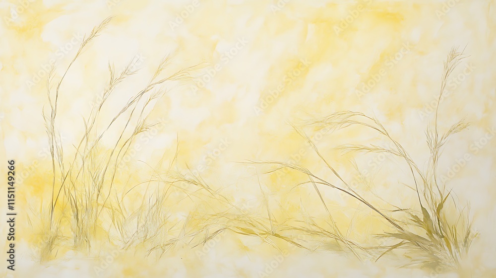 Poster soft yellow abstract background with delicate grass silhouettes.