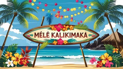 Mele Kalikimaka Tropical Beach Surfboard Sign
