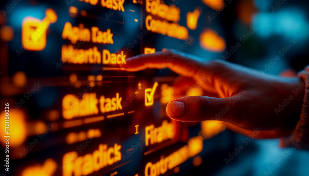 Poster hand interacting with a glowing digital checklist interface