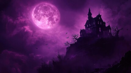 purple full moon over a castle with bats flying in the sky