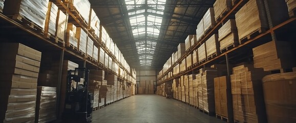 A spacious warehouse filled with neatly stacked pallets of boxes.