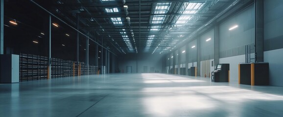 A spacious, well-lit industrial warehouse with shelving and equipment.
