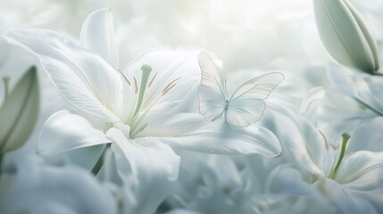 White lilies in soft light with ethereal ambiance