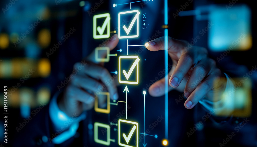 Poster hand interacting with a glowing digital checklist interface