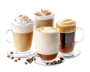 Delicious coffee drinks including latte, cappuccino, and espresso, topped with cream and spices, perfect for coffee lovers