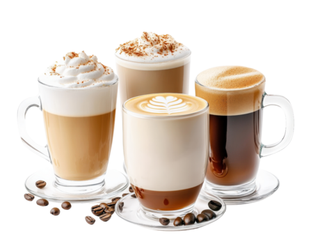 Delicious coffee drinks including latte, cappuccino, and espresso, topped with cream and spices, perfect for coffee lovers