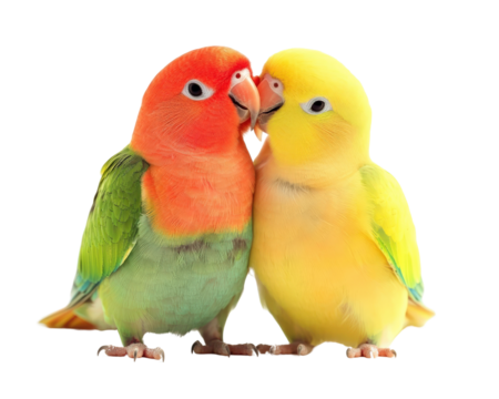 Colorful lovebirds cuddling together, showcasing vibrant feathers and affection. Their bright colors and close bond create heartwarming scene
