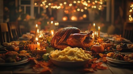 arafly roasted turkey on a table with candles and other thanksgiving foods