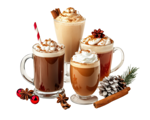 Delight in festive assortment of four delicious coffee drinks topped with whipped cream, spices, and seasonal decorations. Perfect for cozy gatherings and winter celebrations