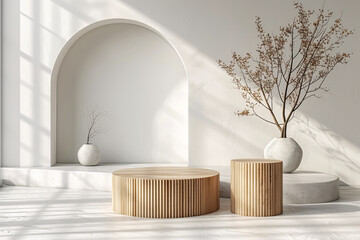 Wooden Podium for Product Presentation with Leafs Plants