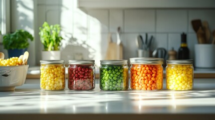 Colorful jars of vibrant, dry legumes and grains displayed in bright kitchen, showcasing green, yellow, orange, red, and pink colors under soft sunlight for food photography