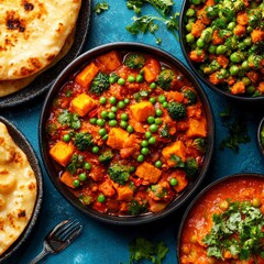 Delicious Indian Cuisine  Flatlay of Paneer Masala  Naan    Vegetable Dishes