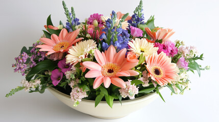 Mixed floral bouquet in pastel colors in ceramic bowl