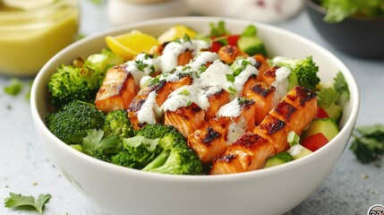 Fresh Grilled Salmon Over Colorful Salad with Broccoli, Cucumber, Tomato, and Creamy Sauce in a Bright White Bowl Ready for a Healthy Meal
