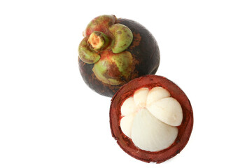 Manggis (Garcinia mangostana L), Fresh ripe mangosteen fruits and cross section showing the thick...