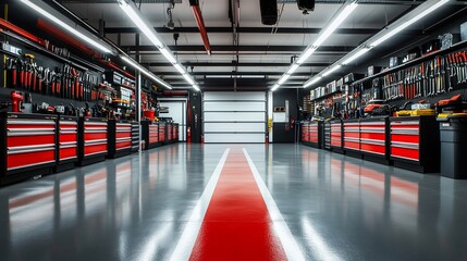 A well-organized garage workspace with tools and storage units.