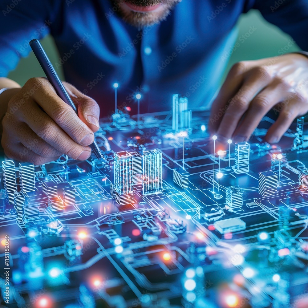 Poster futuristic city design architect using digital stylus on smart table