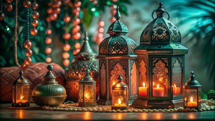 Obraz premium Free New Photo Ramadan and Eid al fitr concept backgrounds dates with traditional lantern Light Lamp and Tasbeeh, Ramadan Kareem Mubarak background