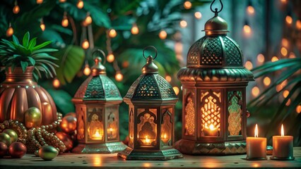 Obraz premium Free New Photo Ramadan and Eid al fitr concept backgrounds dates with traditional lantern Light Lamp and Tasbeeh, Ramadan Kareem Mubarak background