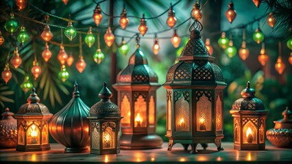 Obraz premium Free New Photo Ramadan and Eid al fitr concept backgrounds dates with traditional lantern Light Lamp and Tasbeeh, Ramadan Kareem Mubarak background