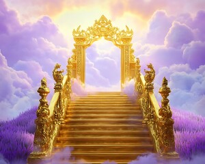 Golden,steps,leading,to,a,divine,gate,amidst,a,serene,purple,and,lavender,sky,,