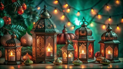 Obraz premium Free New Photo Ramadan and Eid al fitr concept backgrounds dates with traditional lantern Light Lamp and Tasbeeh, Ramadan Kareem Mubarak background