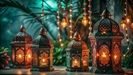 Obraz premium Free New Photo Ramadan and Eid al fitr concept backgrounds dates with traditional lantern Light Lamp and Tasbeeh, Ramadan Kareem Mubarak background