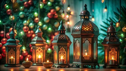 Obraz premium Free New Photo Ramadan and Eid al fitr concept backgrounds dates with traditional lantern Light Lamp and Tasbeeh, Ramadan Kareem Mubarak background